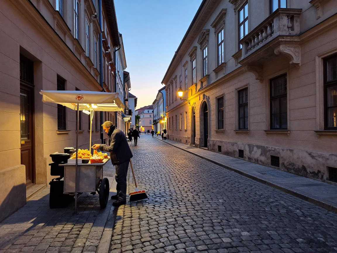 Dawn Street Scene in Budapest Hungary with Hand Broom and Fries in in Budapest, Hungary
