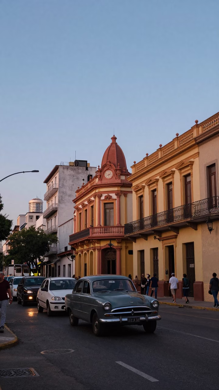 Dawn Street Scene in Buenos Aires Argentina with Vintage Car and Local Market Activity in in Buenos Aires, Argentina