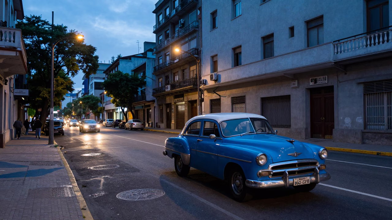 Dawn Street Scene in Buenos Aires Argentina with Vintage Car and Urban Architecture in in Buenos Aires, Argentina