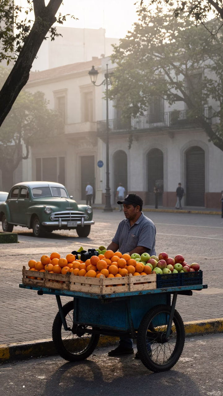 Dawn street scene in Buenos Aires with fruit vendor and vintage architecture in in Buenos Aires, Argentina