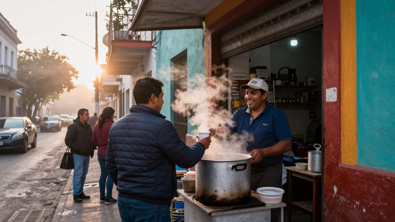 Dawn Street Scene in Buenos Aires with Steaming Mate and Colorful Architecture in in Buenos Aires, Argentina