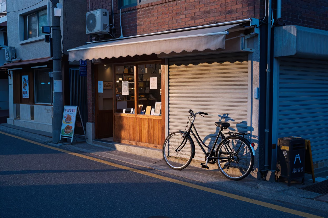 Dawn Street Scene in Busan South Korea with Bicycle and Bakery in in Busan, South Korea