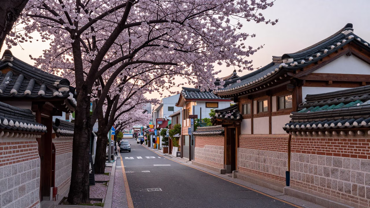 Dawn street scene in Busan South Korea with cherry blossoms and traditional architecture in in Busan, South Korea