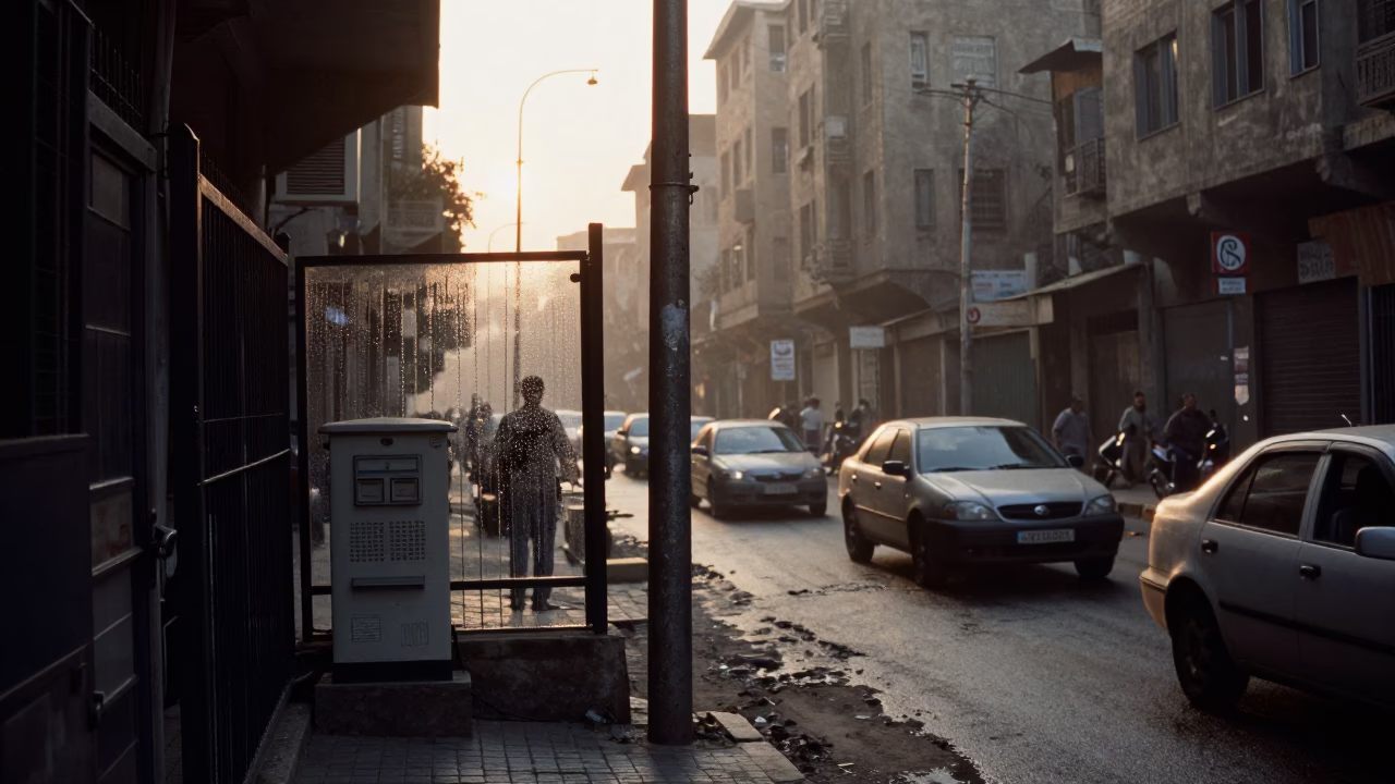 Dawn Street Scene in Cairo Egypt with Condensation on Window Glass and Substation Fence in in Cairo, Egypt