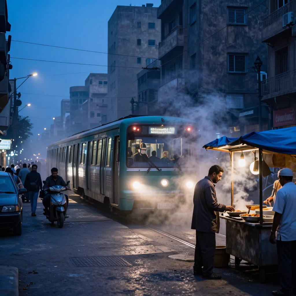 Dawn Street Scene in Cairo Egypt with Metro Train Emerging and Local Market Activity in in Cairo, Egypt