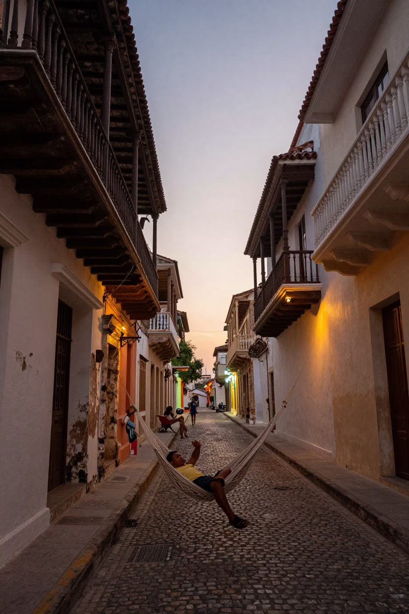 Dawn Street Scene in Cartagena Colombia with Hammock and Morning Activity in in Cartagena, Colombia