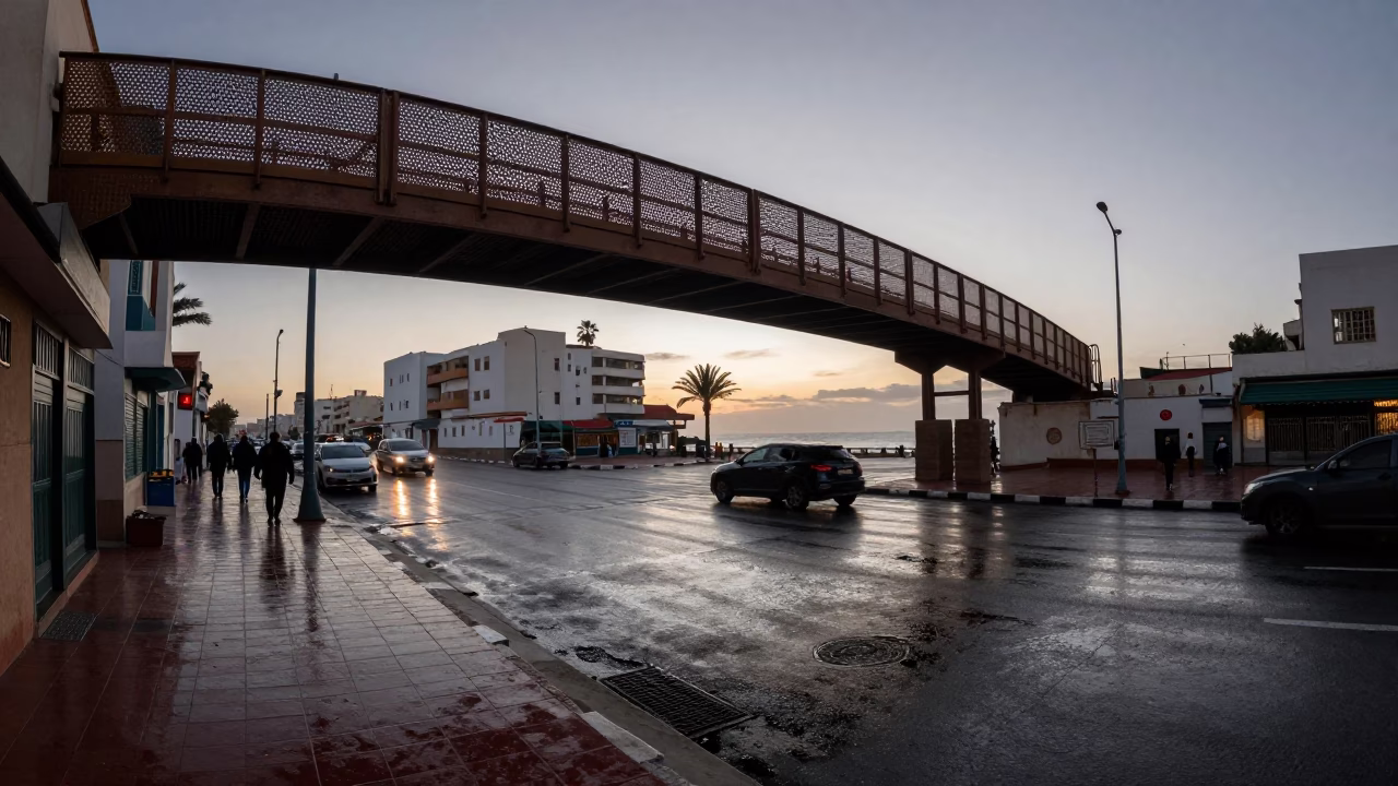 Dawn street scene in Casablanca Morocco with pedestrian overpass and wet footsteps in in Casablanca, Morocco