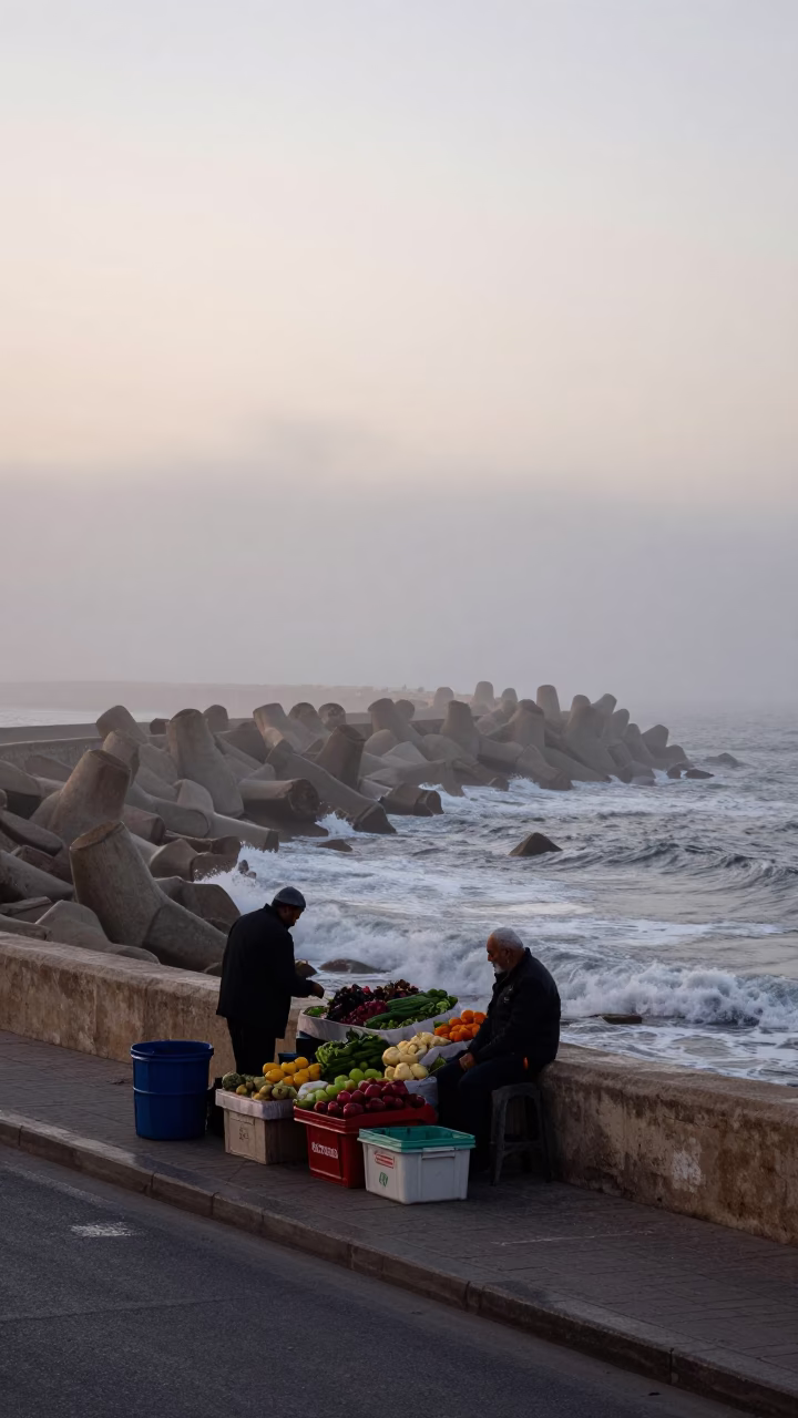 Dawn Street Scene in Casablanca Morocco with Sea Fog and Breakwater in in Casablanca, Morocco