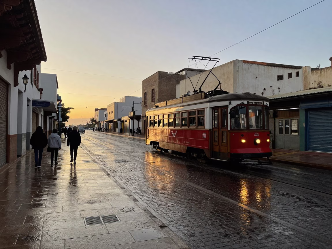 Dawn Street Scene in Casablanca Morocco with Tram Reflections and Morning Light in in Casablanca, Morocco