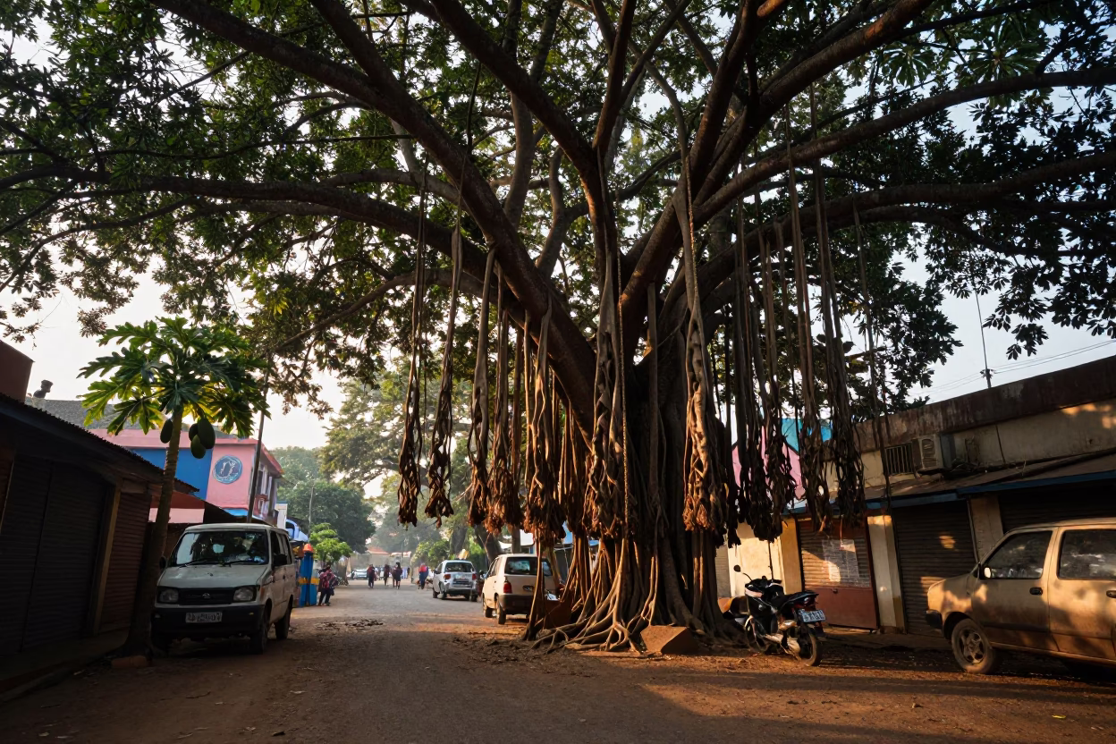 Dawn street scene in Chennai India with banyan tree and papayas in in Chennai, India