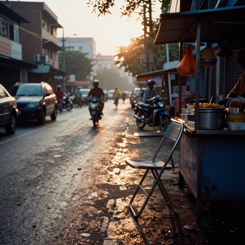 Dawn Street Scene in Chennai India with Folding Chair and Early Morning Activity in in Chennai, India