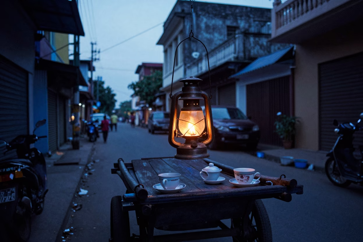 Dawn Street Scene in Chennai India with Lantern and Teacups in in Chennai, India