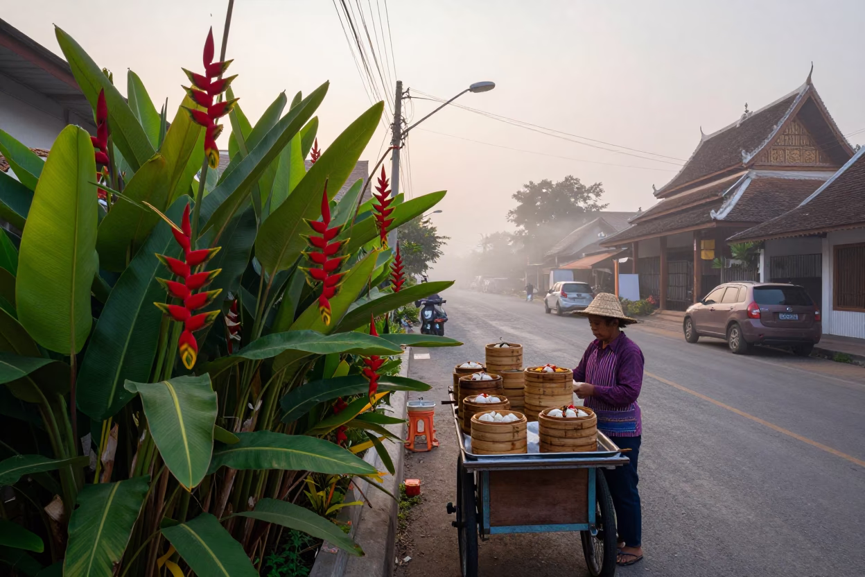 Dawn Street Scene in Chiang Mai Thailand with Heliconia and Local Morning Rituals in in Chiang Mai, Thailand