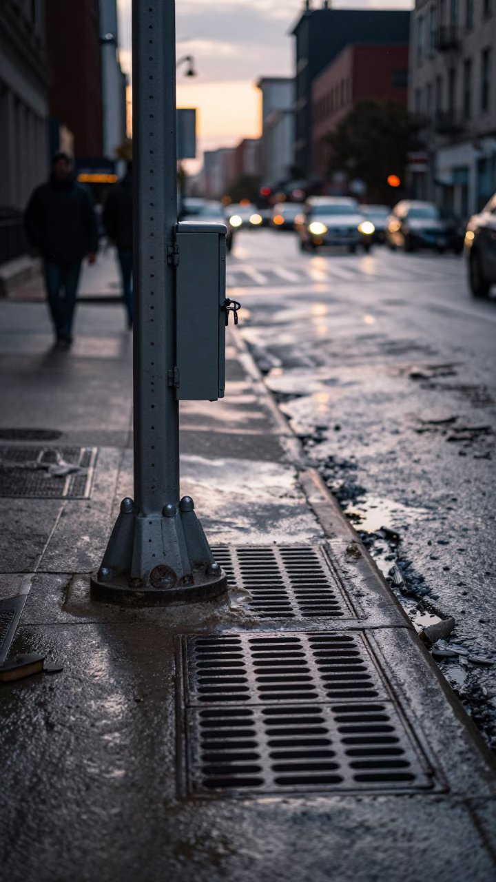 Dawn Street Scene in Chicago Illinois with Storm Drain and Swollen River Reflection in in Chicago, Illinois, United States