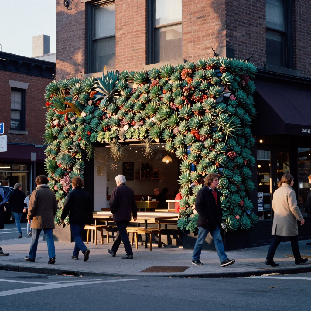 Dawn Street Scene in Chicago Illinois with Succulent Cafe Wall and Local Life in in Chicago, Illinois, United States