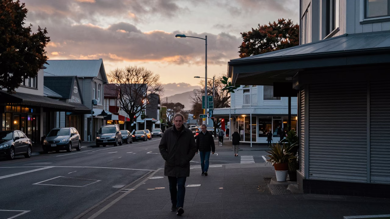 Dawn street scene in Christchurch New Zealand with locals and urban details in in Christchurch, New Zealand