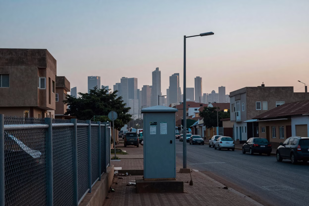Dawn street scene in Dakar Senegal with substation fence dew and local market activity in in Dakar, Senegal
