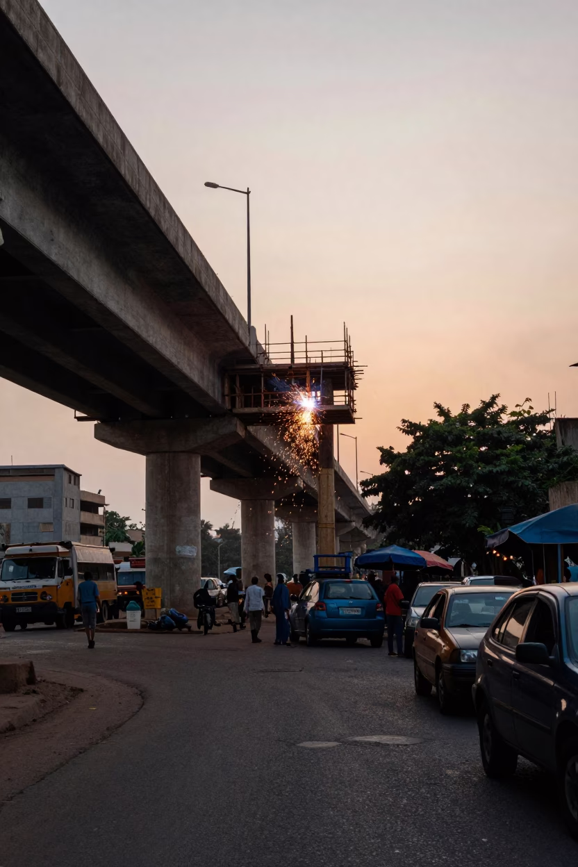 Dawn Street Scene in Dakar Senegal with Welding Sparks Under Bridge Construction in in Dakar, Senegal