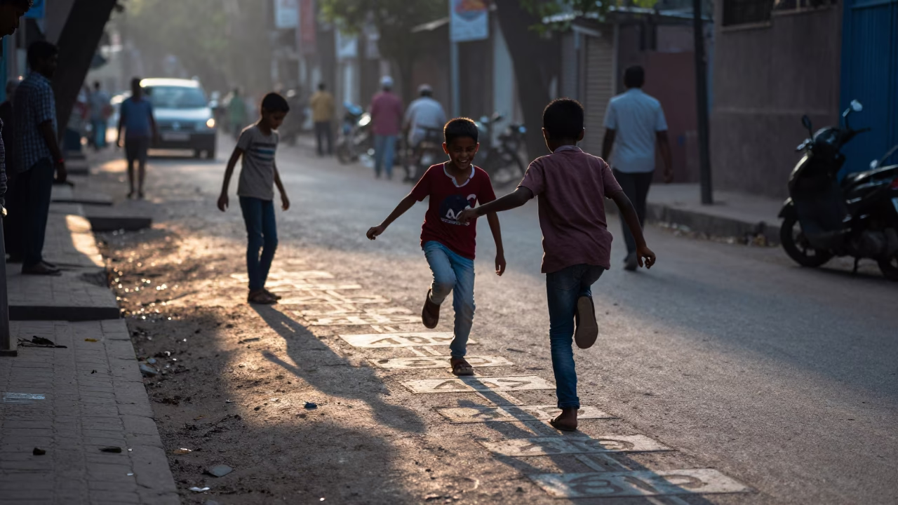 Dawn Street Scene in Delhi India with Children Playing Hopscotch on Sidewalk in in Delhi, India