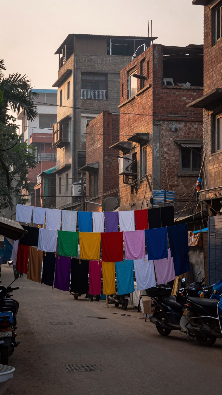 Dawn Street Scene in Delhi India with Colorful Laundry and Morning Light in in Delhi, India