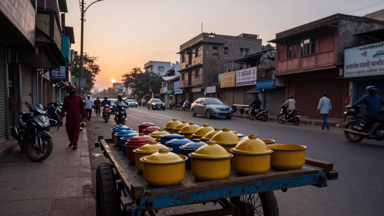 Dawn Street Scene in Delhi India with Enamel Bowls and Yellow Taxi in in Delhi, India