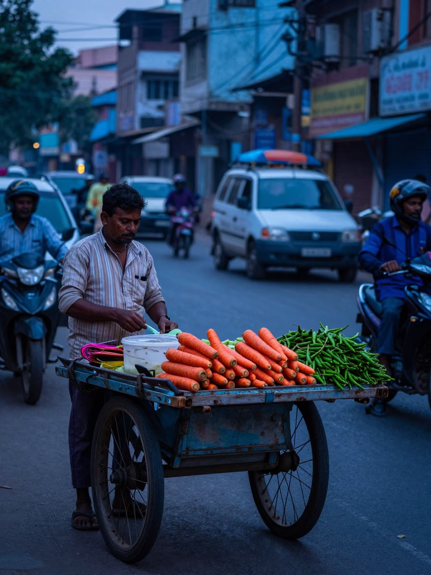 Dawn street scene in Delhi India with vendor cart and local life in in Delhi, India
