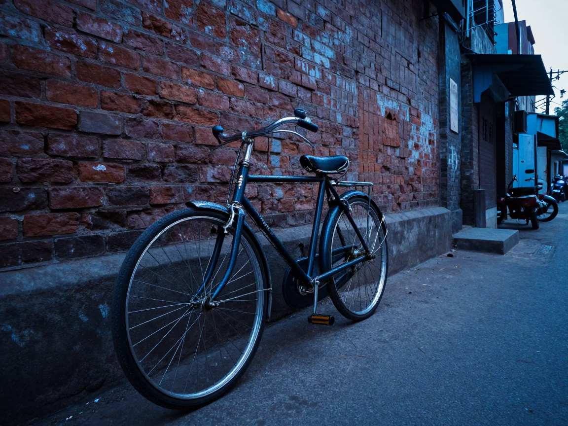 Dawn Street Scene in Delhi India with Vintage Bicycle and Morning Light in in Delhi, India