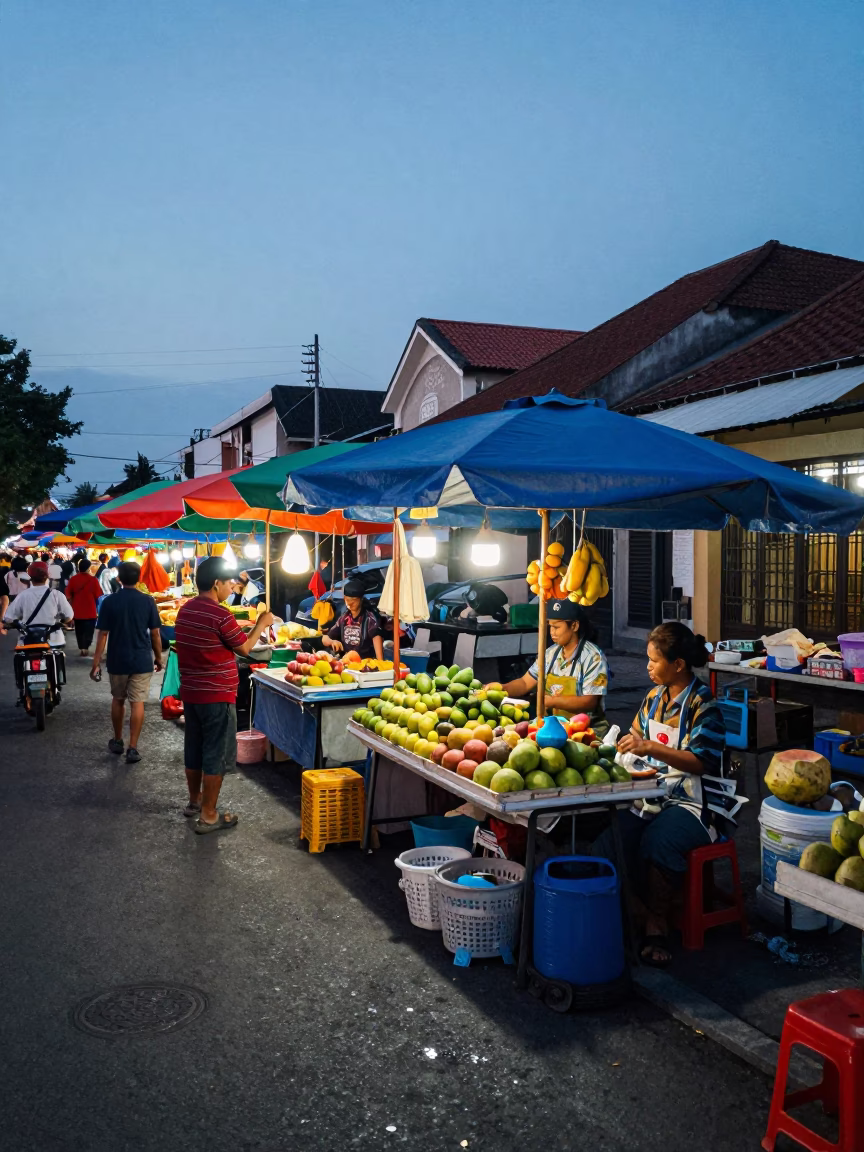 Dawn Street Scene in Denpasar Indonesia with Colorful Morning Market Stalls and Local Activity in in Denpasar, Indonesia