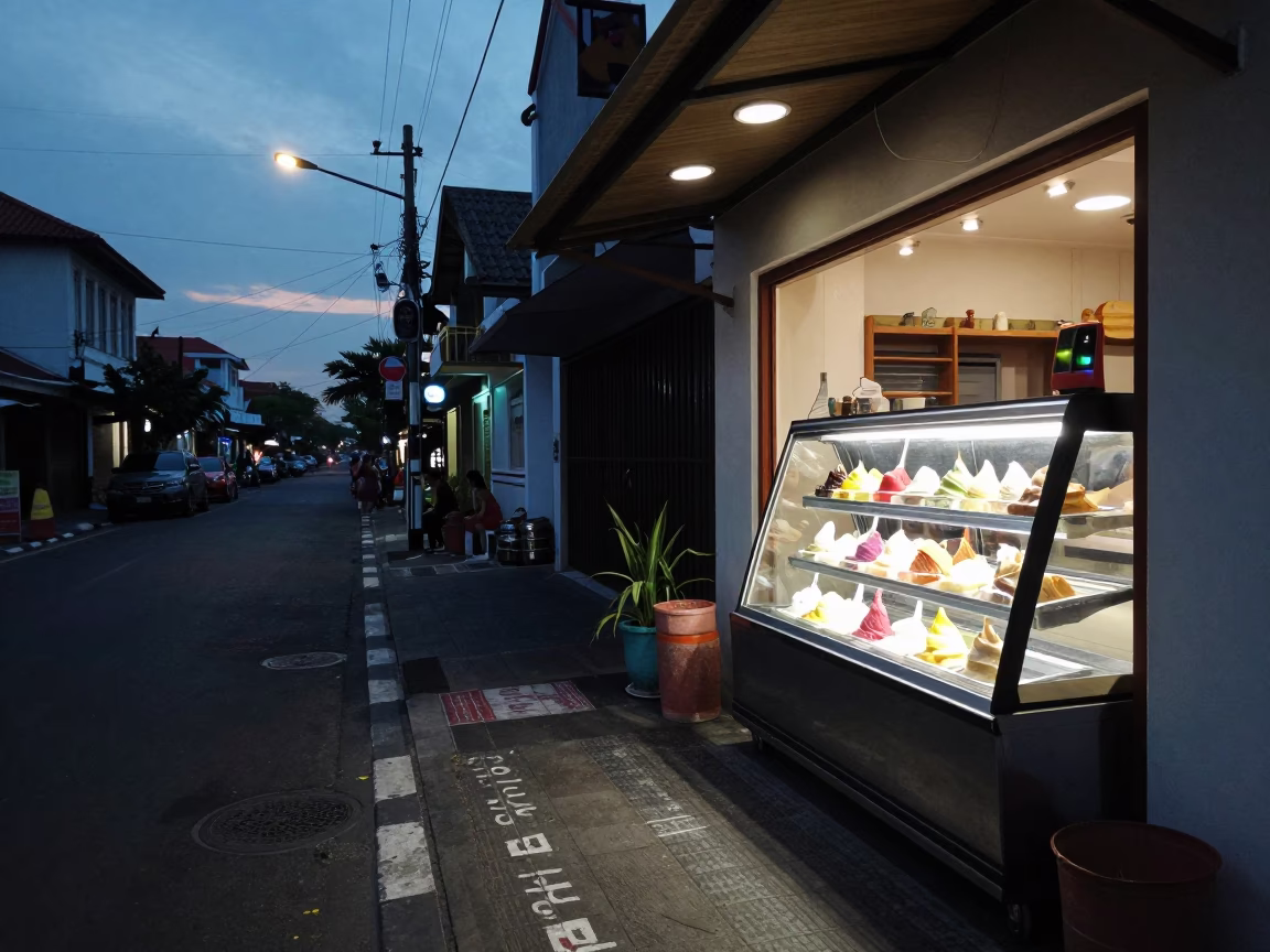 Dawn Street Scene in Denpasar Indonesia with Gelato Display and Glass Rim in in Denpasar, Indonesia