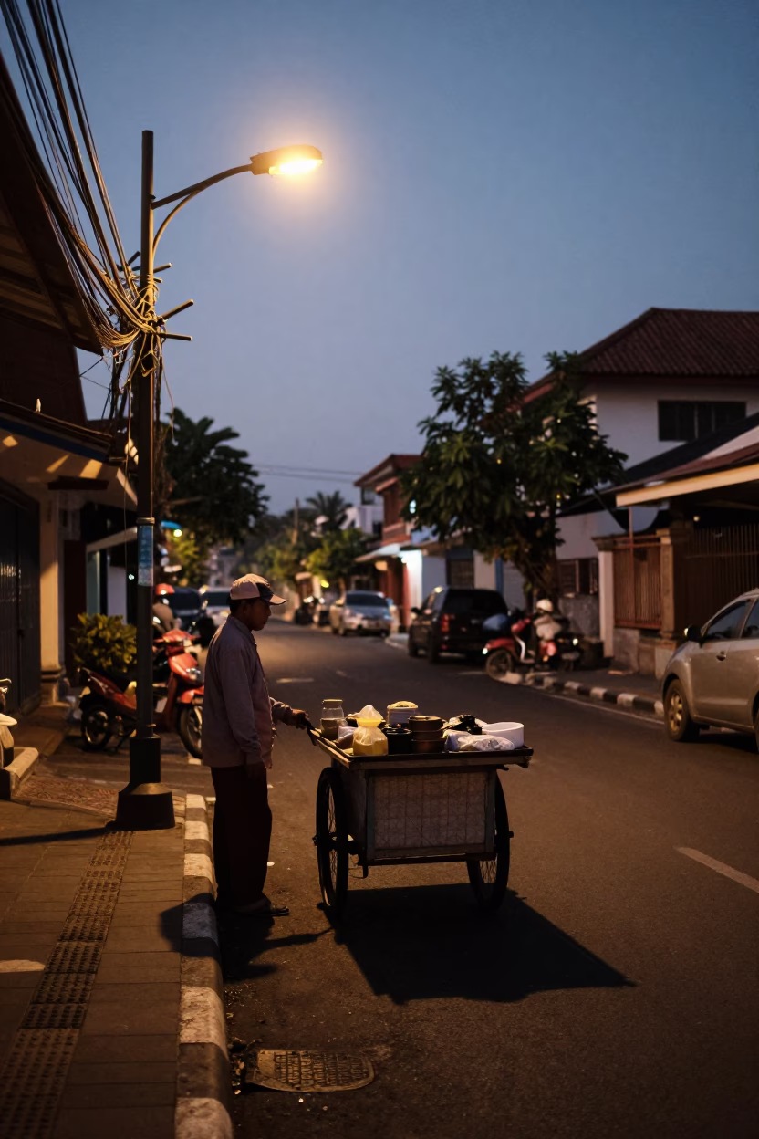 Dawn Street Scene in Denpasar Indonesia with Local Vendor and Morning Light in in Denpasar, Indonesia