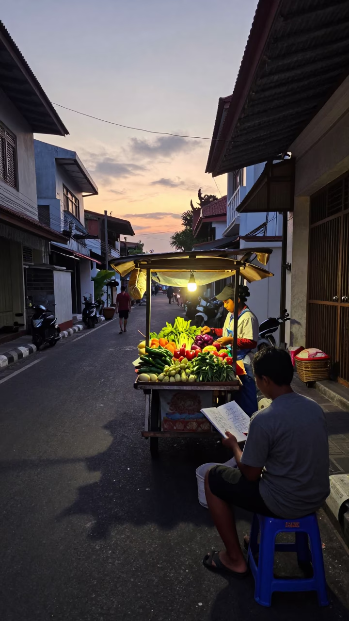Dawn Street Scene in Denpasar Indonesia with Local Vendor and Sketchbook in in Denpasar, Indonesia