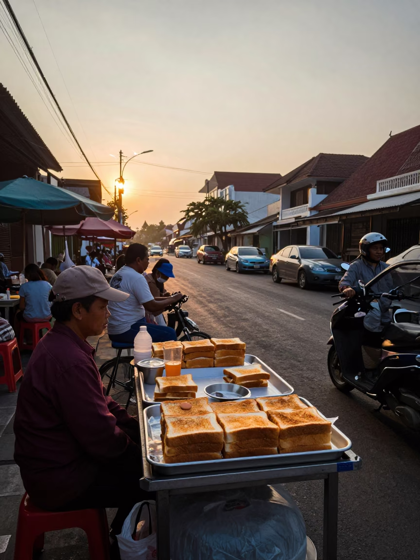 Dawn Street Scene in Denpasar Indonesia with Traditional Breakfast and Morning Commute in in Denpasar, Indonesia