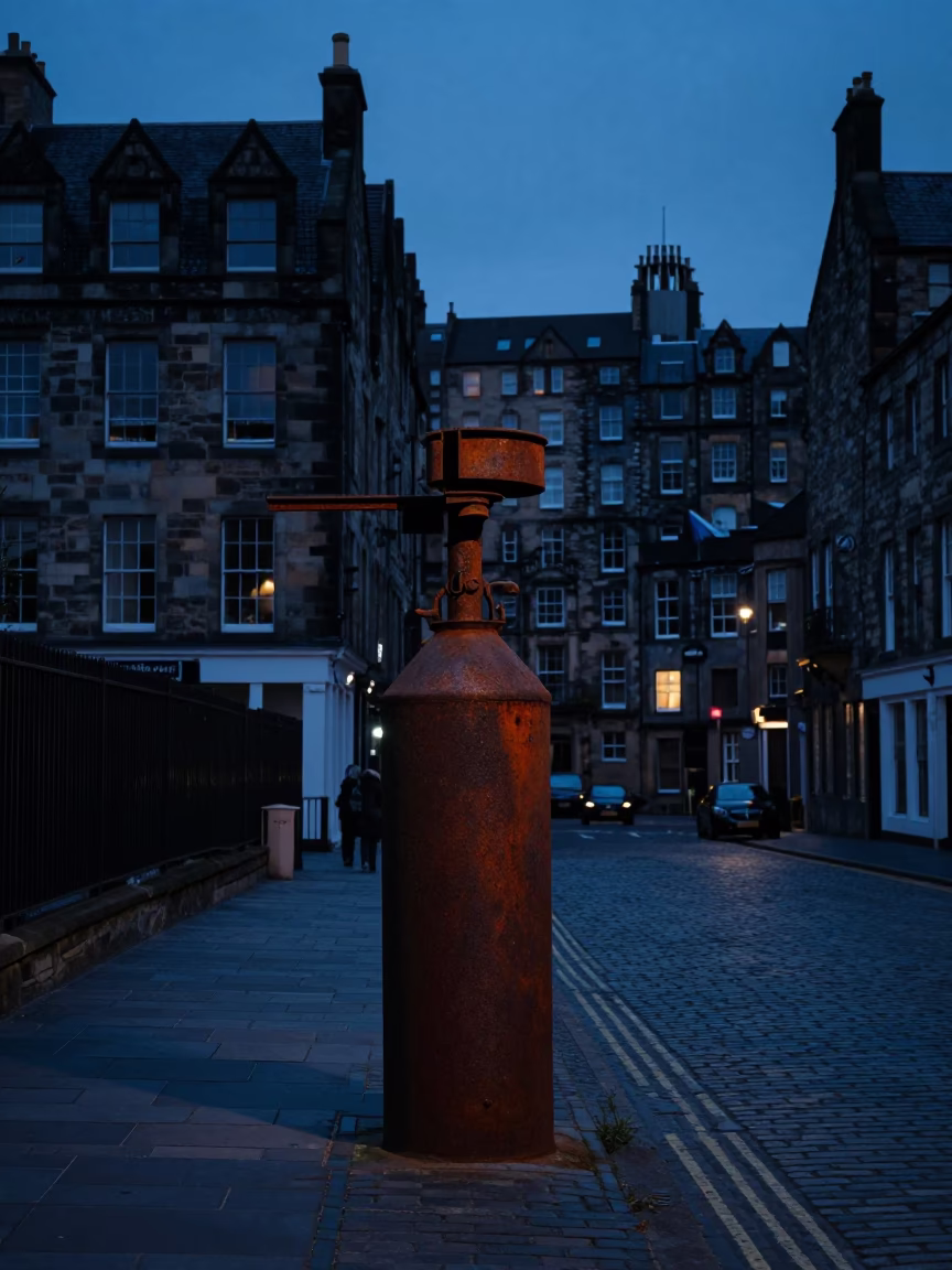 Dawn Street Scene in Edinburgh UK with Rust and Scratches on Weathered Urban Objects in in Edinburgh, United Kingdom