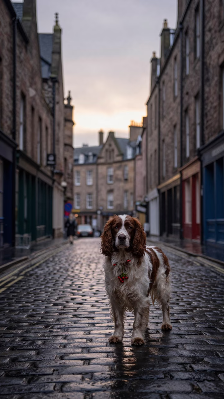 Dawn Street Scene in Edinburgh with Tibetan Spaniel and Berries in in Edinburgh, United Kingdom