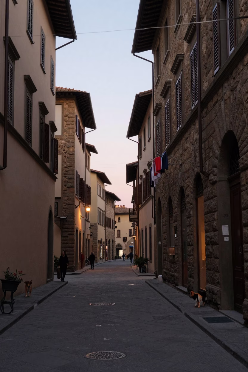Dawn Street Scene in Florence Italy with Dog and Clothesline in in Florence, Italy