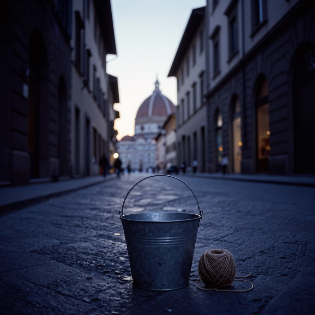 Dawn Street Scene in Florence Italy with Metal Bucket and Twine Fibers on Doorframe in in Florence, Italy