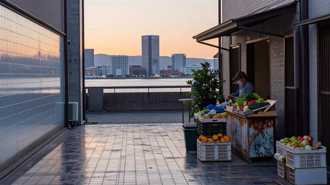 Dawn Street Scene in Fukuoka Japan with Ceramic Tiles and Water Bottle in in Fukuoka, Japan
