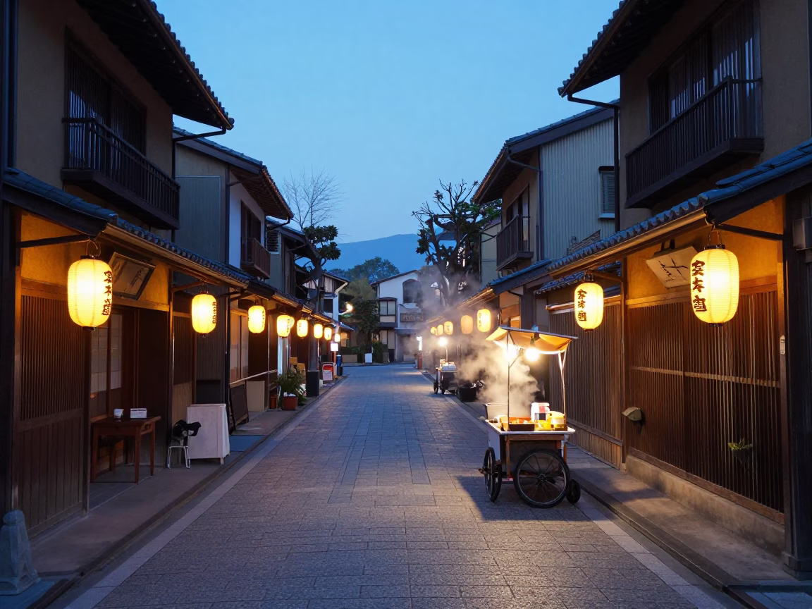 Dawn Street Scene in Fukuoka Japan with Lantern Alley and Local Life in in Fukuoka, Japan