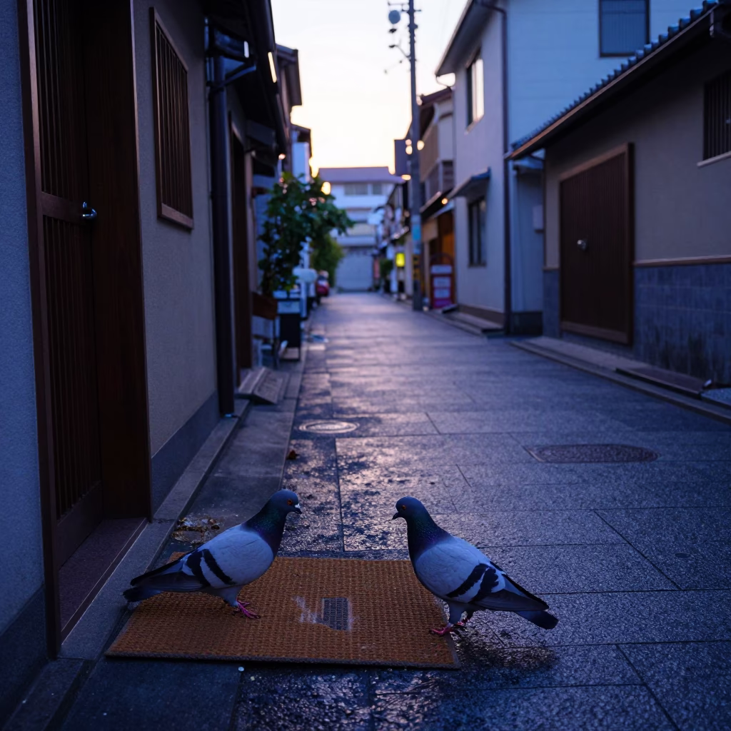 Dawn Street Scene in Fukuoka Japan with Pigeons and Traditional Doormat in in Fukuoka, Japan