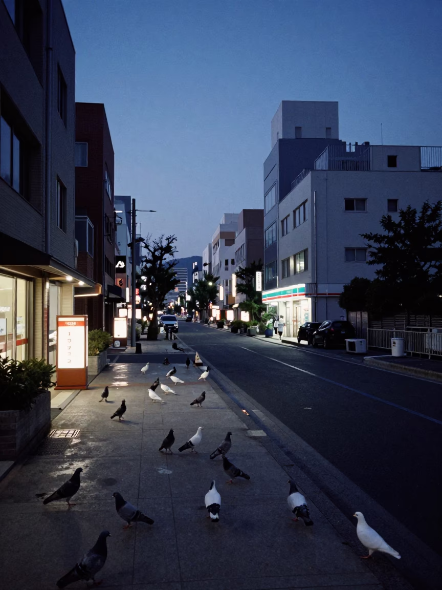 Dawn Street Scene in Fukuoka Japan with Pigeons and Urban Architecture in in Fukuoka, Japan