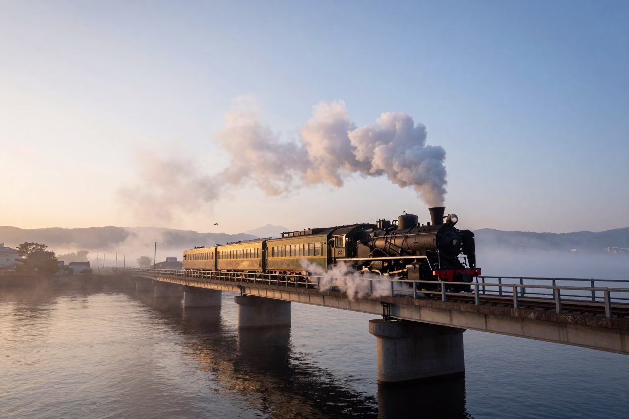 Dawn street scene in Fukuoka Japan with steam locomotive crossing bridge and chestnut tree in in Fukuoka, Japan