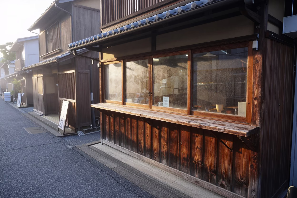 Dawn street scene in Fukuoka Japan with traditional wooden shop counter and morning light in in Fukuoka, Japan