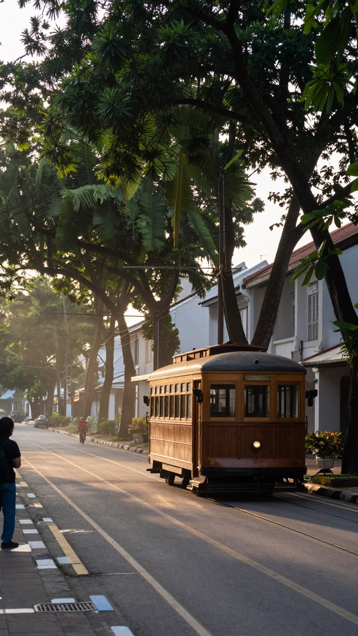Dawn Street Scene in George Town Malaysia with Old Trolley and Lint in in George Town, Malaysia