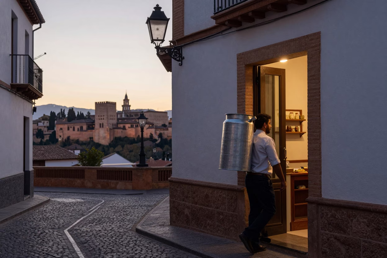 Dawn Street Scene in Granada Spain with Local Bakery Details and Early Morning Light in in Granada, Spain