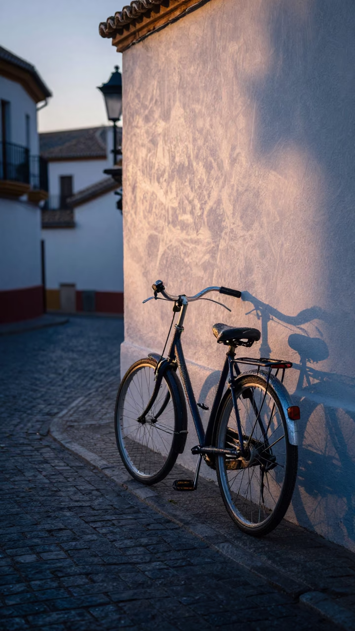 Dawn Street Scene in Granada Spain with Vintage Bicycle and Dewy Fence in in Granada, Spain