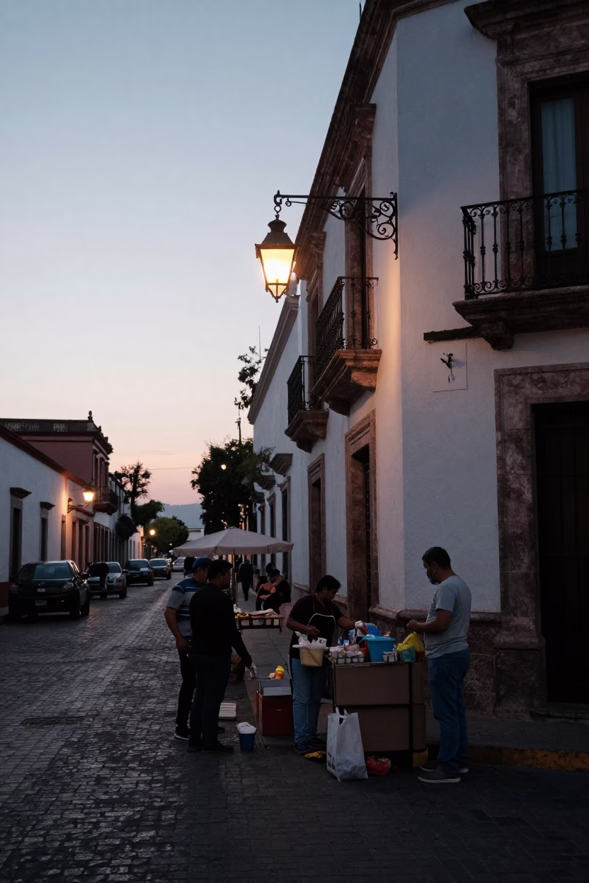 Dawn Street Scene in Guadalajara Mexico with Lanterns and Early Morning Activity in in Guadalajara, Mexico