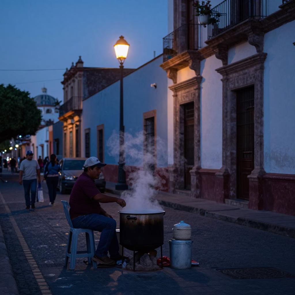 Dawn Street Scene in Guadalajara Mexico with Local Vendor and Early Morning Light in in Guadalajara, Mexico