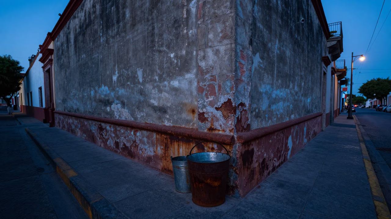 Dawn Street Scene in Guadalajara Mexico with Metal Bucket and Rusty Wall in in Guadalajara, Mexico