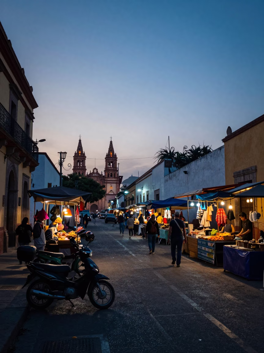 Dawn Street Scene in Guadalajara Mexico with Motorcycle and Local Market Activity in in Guadalajara, Mexico