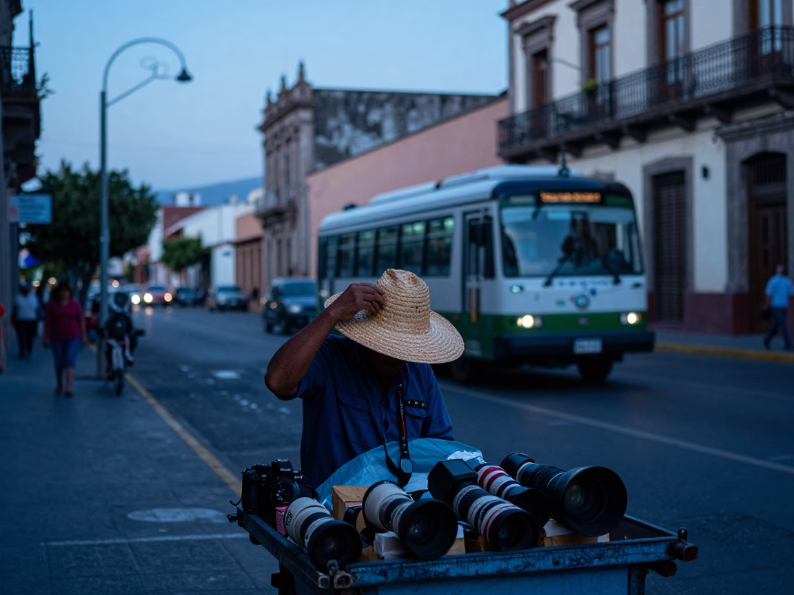 Dawn Street Scene in Guadalajara Mexico with Straw Hat and Metro Train in in Guadalajara, Mexico